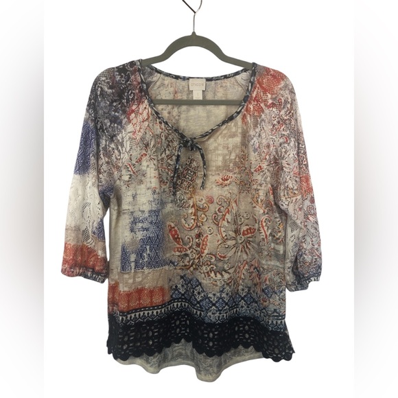 Chico’s Top Drawstring Cutout Sleeves Muted Colors Boho Peasant - Picture 1 of 11